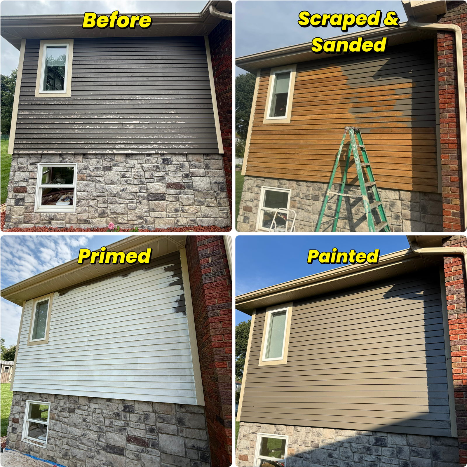 Wood siding project in four stages: before, scraped and sanded, primed, and painted